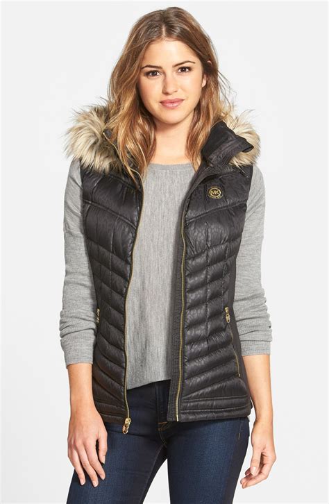 michael kors black vest with fur hood|Michael Kors Faux.